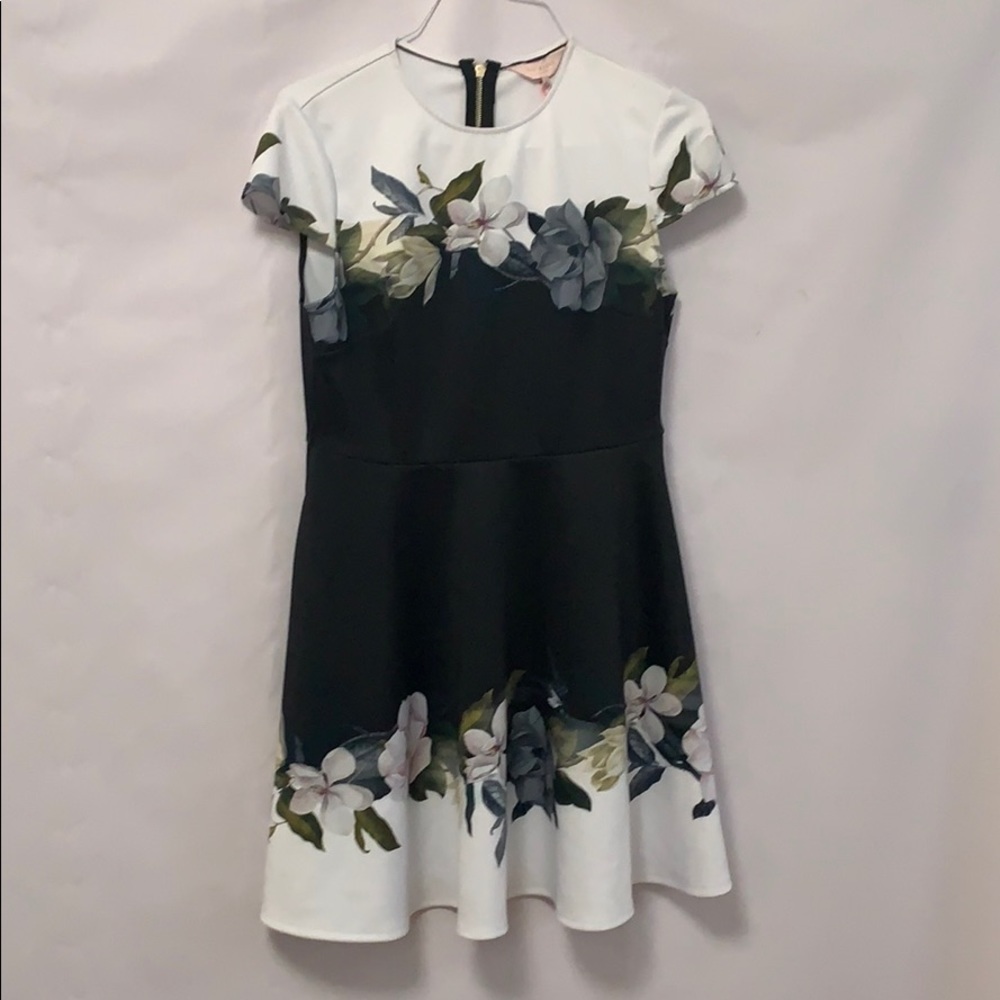 Ted Baker Black, White and Green Floral Fit-and-Flare Mini Dress